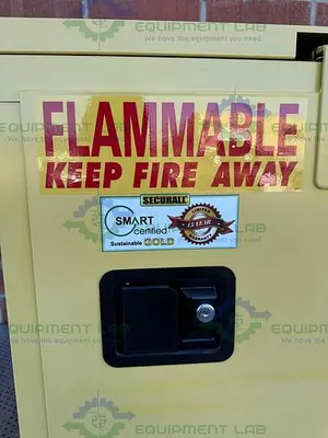 USED SECURALL 4 GALLON FLAMMABLE LIQUID STORAGE CABINET W/ SOFT CLOSE DOOR, SHELF