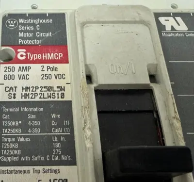 USED WESTINGHOUSE HM2P250L5W CIRCUIT BREAKER 600VAC / 250VDC HM2P2LWS10