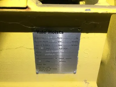 Yale BAW1/2-95RT Pneumatic Air Hoist 1000 lb / 1/2 Ton Capacity 36 fpm Speed Used Forsale