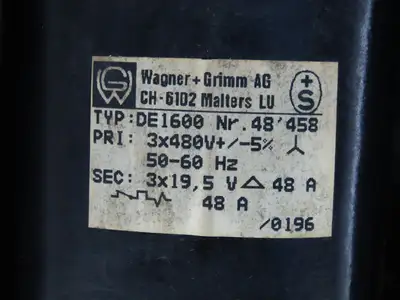 Wagner + Grimm Type DE1600 Transformer 3X480V Primary 3xa9,5 V Secondary