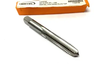USED HERTEL STRAIGHT FLUTE TAP: 3/8-16 UNC, 4 FLUTE, PLUG CHAMFER, HIGH-SPEED
