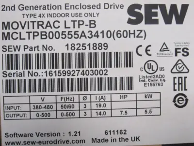 NEW SEW EURODRIVE 18251889 DRIVE 7.5HP MCLTPB00555A3410