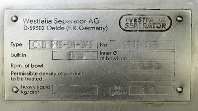 Westfalia CND 215-01-076 bacteria separator, 316SS.
