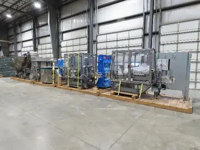 Shibuya Hoppmann Norwalt Aerosol Can Puck Sorter Inserter Line w/ Feeder Hopper