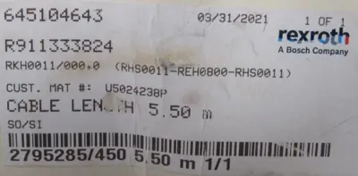 NEW REXROTH R911333824 CABLE RKH0011 5.50M