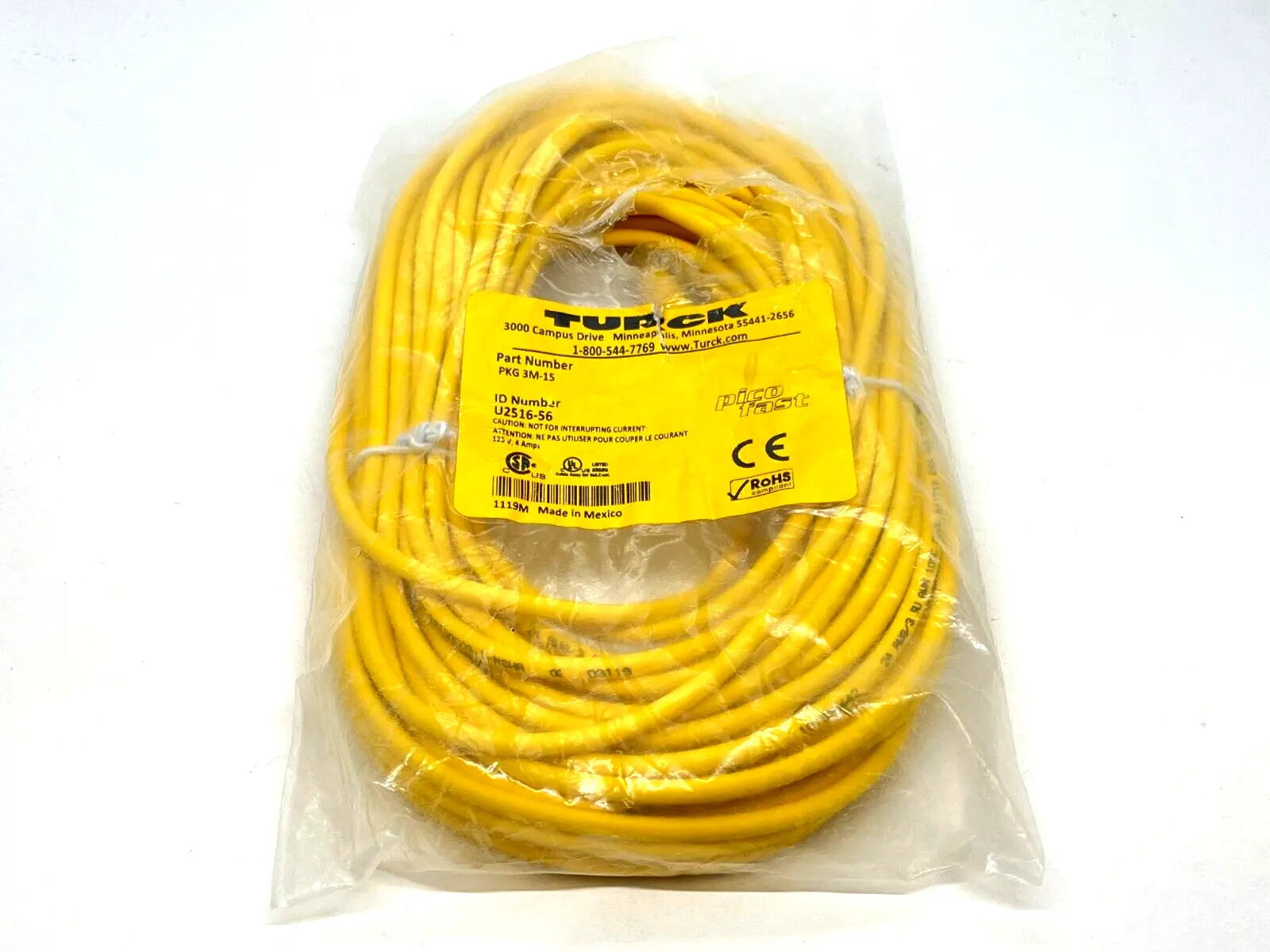 PKG 3M-15 | Turck  Picofast Cordset M8 Female 3-Pin 15m U2516-56 - New