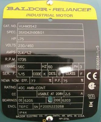 NEW BALDOR VUHM3542 MOTOR .75HP 230/460V 1735RPM 5/8" DIA. 35X042N906G1
