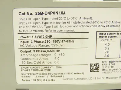 Allen Bradley 25B-D4P0N104 PowerFlex 525 AC Drive 1.5kW 2Hp 380-480V 3ph Ser A