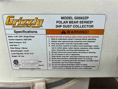 Used 2011 GRIZZLY G0562ZP Dust Collectors California US | MachineryMax #1319632