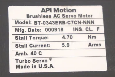 NEW API MOTION BT-0343ERB-C7CN-NNN BRUSHLESS AC SERVO MOTOR