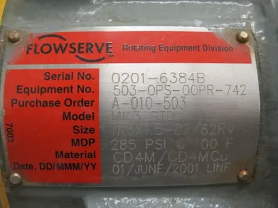 Durco pump model MK3 STD size 1K3x1.5-82/62RV , material CD4M