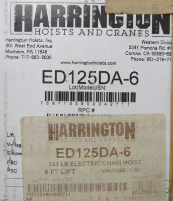 NEW HARRINGTON ED125DA-6 ELECTRIC HOIST 125LB 6FT LIFT 115V