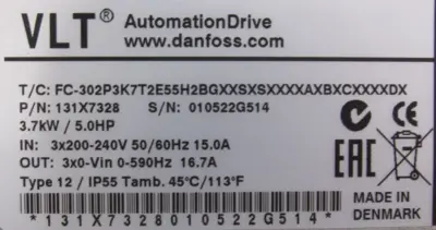 NEW DANFOSS 131X7328 VLT DRIVE 5HP FC-302P3K7T2E55H2BGXXSXSXXXXAXBXCXXXXDX