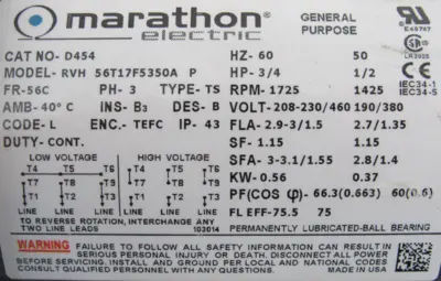 NEW MARATHON 056T17F5350 BRAKE MOTOR D454 3/4-1/2HP 1745/1425RPM
