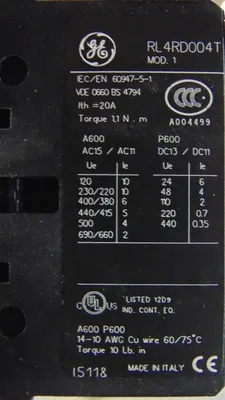 General Electric RL4RD004T 20 Amp DC Contactor 120-125VDC Coil Used