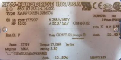 NEW SEW EURODRIVE KAF97DRE132MC4 GEARMOTOR 47.93:1 10HP 266/460V