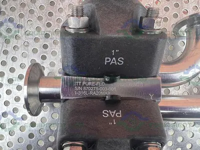 USED ITT PURE FLO 1-316L-RA20MAX 3 - WAY DIAPHRAGM VALVE W/ 1" SANITARY FITTING
