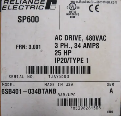 NEW RELIANCE ELECTRIC 6SB401-034BTANB DRIVE 25HP SER.A 6SB401034BTANB