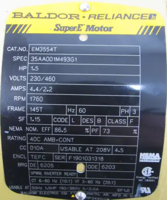 NEW BALDOR EM3554T MOTOR 1.5HP 230/460V 1760RPM 145T 7/8" DIA.