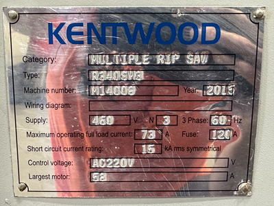 Kentwood R340SM3 Moving Blade Gang Rip Saw w/ Advantage Rip I Infeed