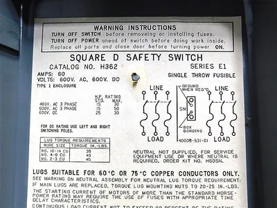 Square D H362 Safety Switch Series E1 60A 600VAC/DC Type 1 Enclosure Used