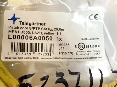 NEW TELEGÄRTNER CAT6A S/FTP RJ45 PATCH CABLE 20 M YELLOW LSZH 100009131