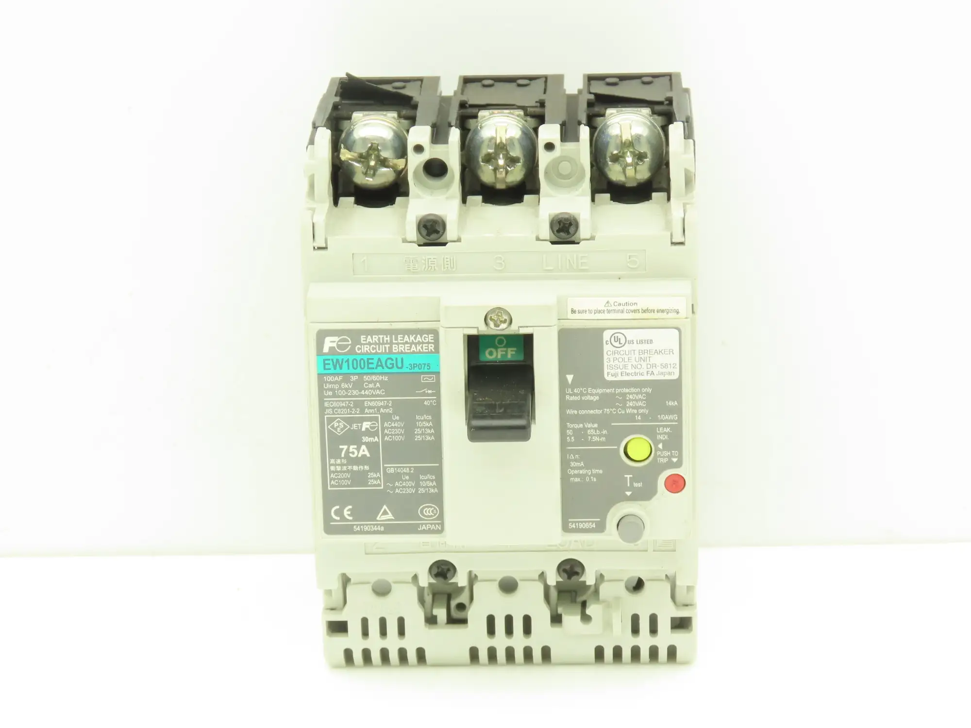 Fuji Electric EW100EAGU-3P075 Earth Leakage Circuit Breaker 3-Pole 75A 100-440V