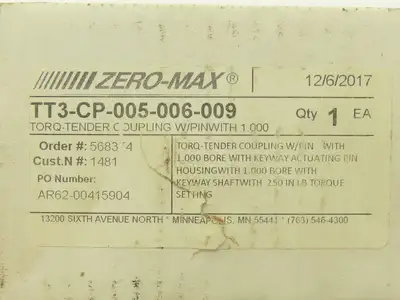 Zero-Max TT3-CP-005-006-009 Torq-Tender Shaft Coupling w/Pin 1" Keyed Bore