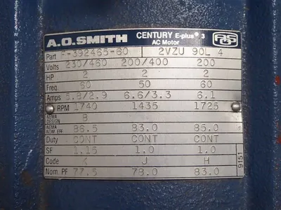 A.O. Smith F-392465-60 Century E-Plus 2 HP Motor 200-230/460V 145T No Key Used