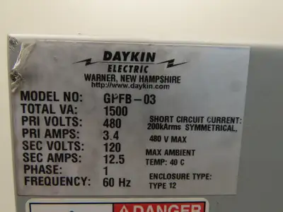 Daykin GPFB-03 Enclosed Transformer Disconnect 1500VA 480V Pri 120V Sec 1PH