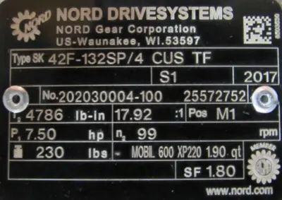 NEW NORD SK42F-132SP/4 CUS TF GEARMOTOR 17.92:1 265/460V 7.5HP