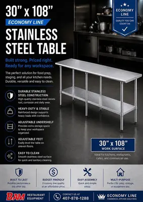 30"x108" Economy Line Stainless Steel Table