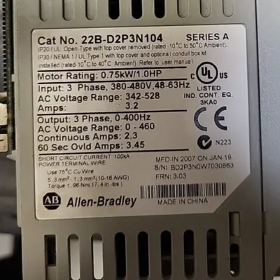 Allen Bradley 22B-D2P3N104 SERIES A PowerFlex 40 AC Drive (BIN 4 .5. 5)