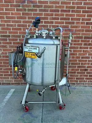 USED PRECISION STAINLESS 450 LITER STAINLESS STEEL JACKETED REACTOR 45 PSI, 3/4 MOTOR