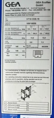 GEA Ecoflex VT10 Plate Heat Exchanger For Sale – 145 PSI, 212°F Rated – Approx.