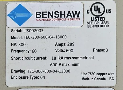 Used BENSHAW TEC-300-600-04-13000 Motor Controllers Saskatchewan CA | Certified Sales and Rentals #1636965
