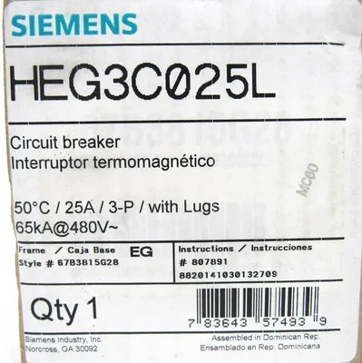 NEW SIEMENS HEG3C025L CIRCUIT BREAKER 25A 3 POLE HEG3B025