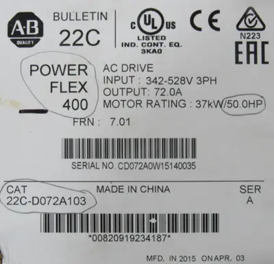NEW ALLEN BRADLEY 22C-D072A103 POWERFLEX 400 50HP SER.A 22CD072A103