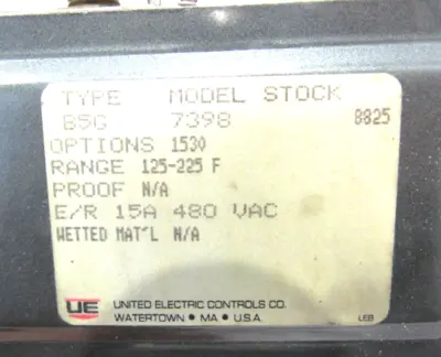 USED UNITED ELECTRIC B5G-7398 PRESSURE SWITCH B5G7398