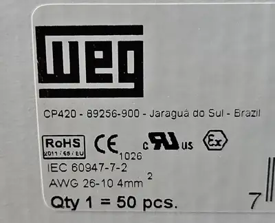 Weg 10261744 TERMINAL BLOCK BTWP 2.5/4T-VD/AM. Box with 50. Loc3F-10