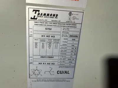 440 kVA HPS Hammond DM440NJ Transformer HV 575V LV 460/266V ALUMINUM WINDINGS