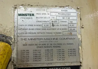 Used MINSTER P2-150 High Speed Production Presses Ohio US | D & D Industries #1413119