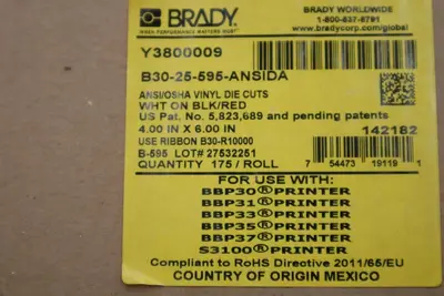 NEW IN BOX BRADY B30-25-595-ANSIDA Label Red/White 4.000 In. 6XHA0 STOCK H96