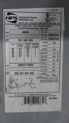 45kVA P480 to S208Y/120 Transformer