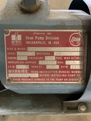 Dean PH-2111 Cast Iron Centrifugal Pump 1-1/2x3x8 1HP 70gpm 3PH