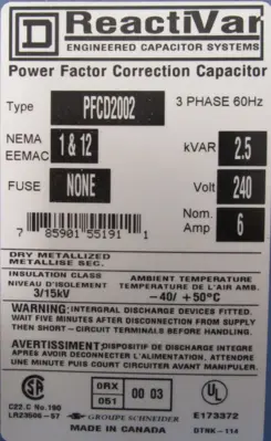 NEW SQUARE D PFCD2002 POWER FACTOR CORRECTION CAPACITOR 2.5 KVA 240V