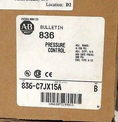 NEW ALLEN BRADLEY 836-C7JX15A PRESSURE CONTROL SER.B 836C7JX15A