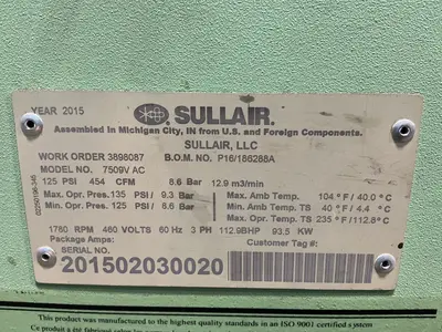 Used 2015 SULLAIR 7509V AC Miscellaneous MRO Ohio US | HGR 24 #1456049