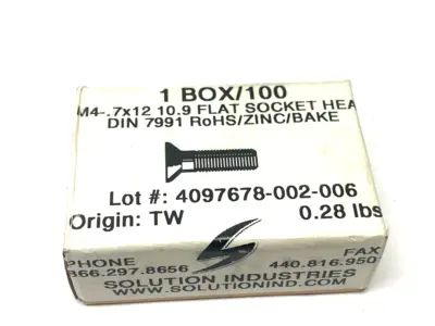 New | in-Stock SOLUTION INDUSTRIES M4-.7X12 10.9 FLAT SOCKET HEAD SCREW DIN7991 Nuts & Screws | Maverick Industrial Sales #1109004