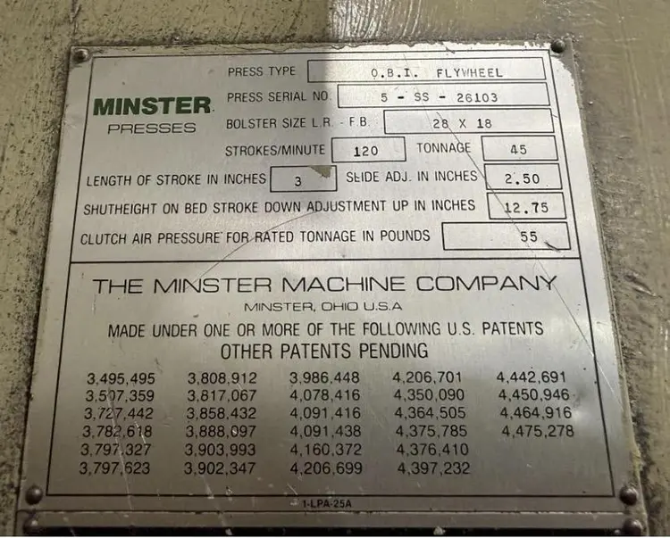 Used MINSTER 5SS Gap Frame (OBS) Presses New Jersey US | Wenco Machinery #1399310